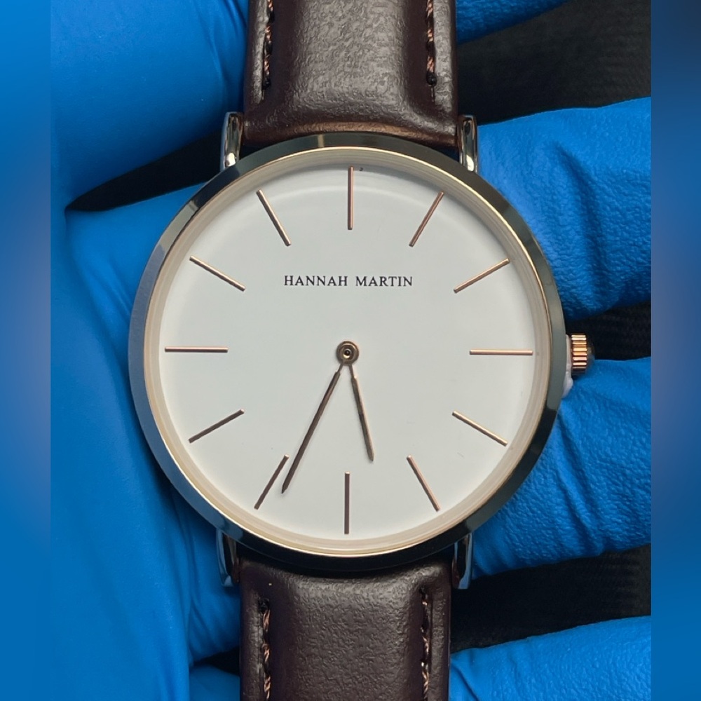 Hannah Martin Stainless Steel Fashion Watch Rose Gold Tone Brown Leather Strap
